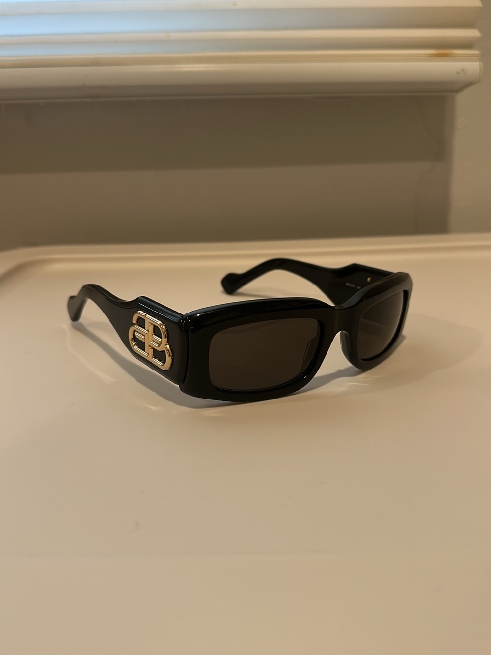 Balenciaga Black Rectangular Sunglasses with Gold BB Emblem
